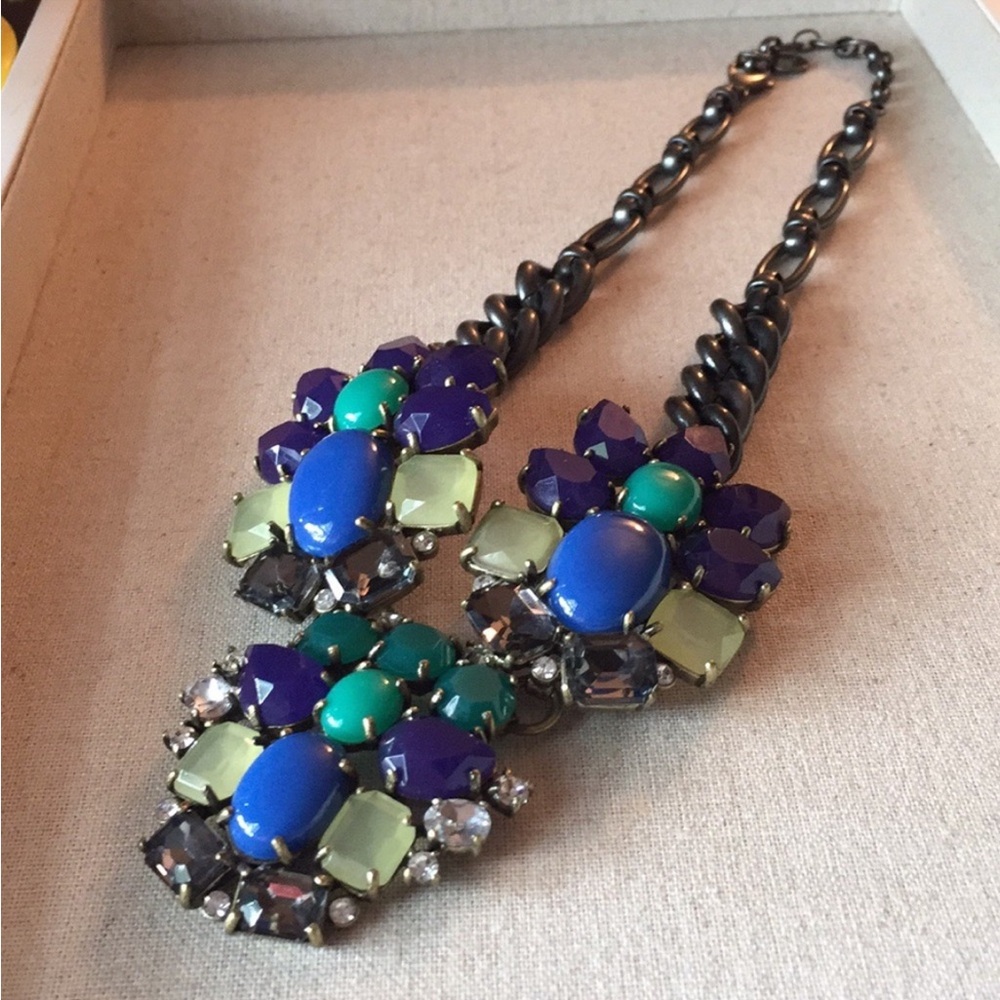 RARE Stella & Dot Peacock Blue & Green Cabochon Hematite Statement Bib Necklace
